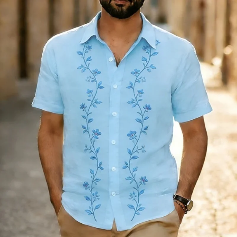 

Light colored men's short sleeved linen lapel button up shirt, casual and comfortable, fashionable to wear, street and outdoor