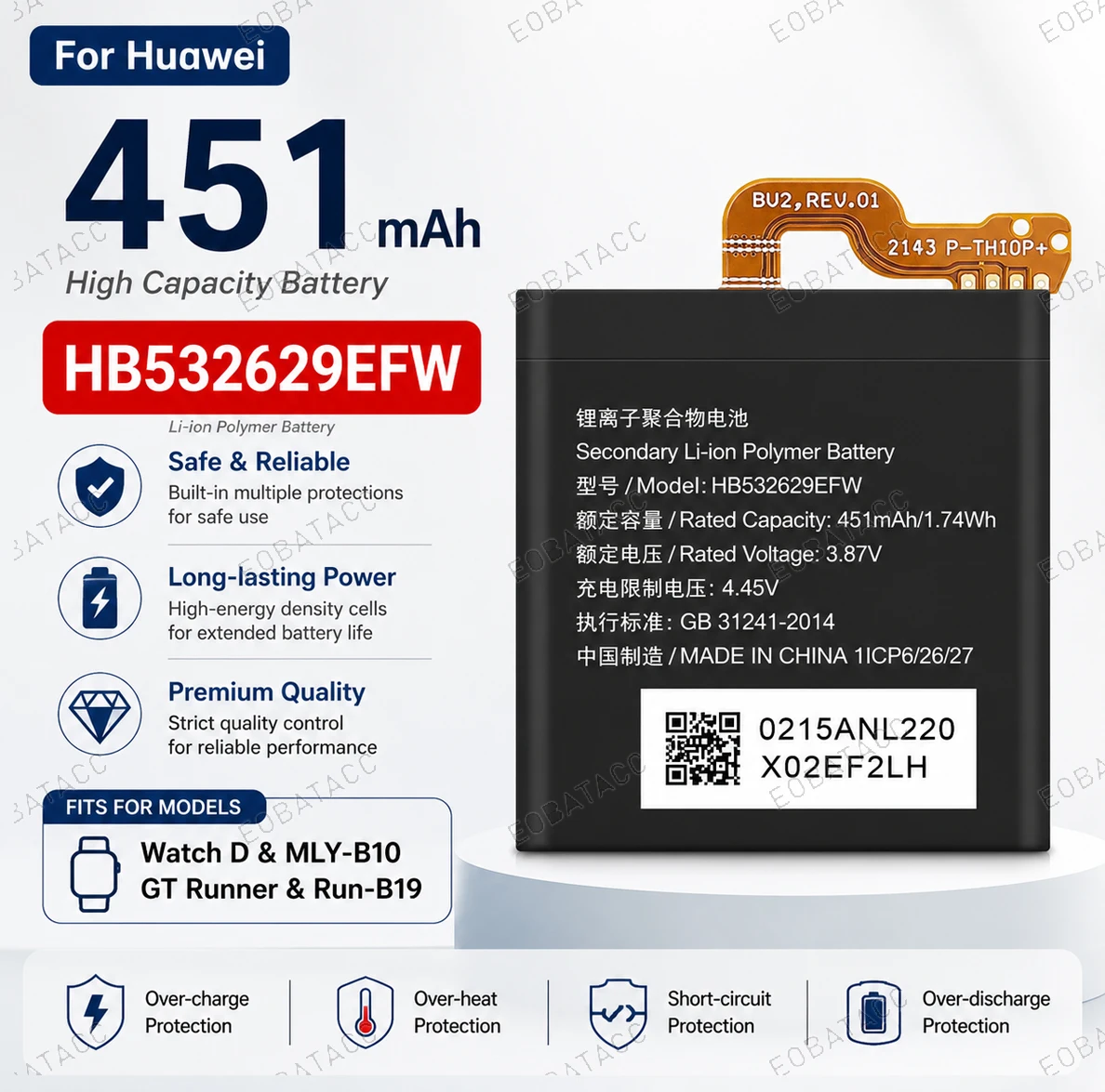 Brand New 451mAh HB532629EFW Battery for HUAWEI Watch D/MLY-B10 Repair Tools Kit