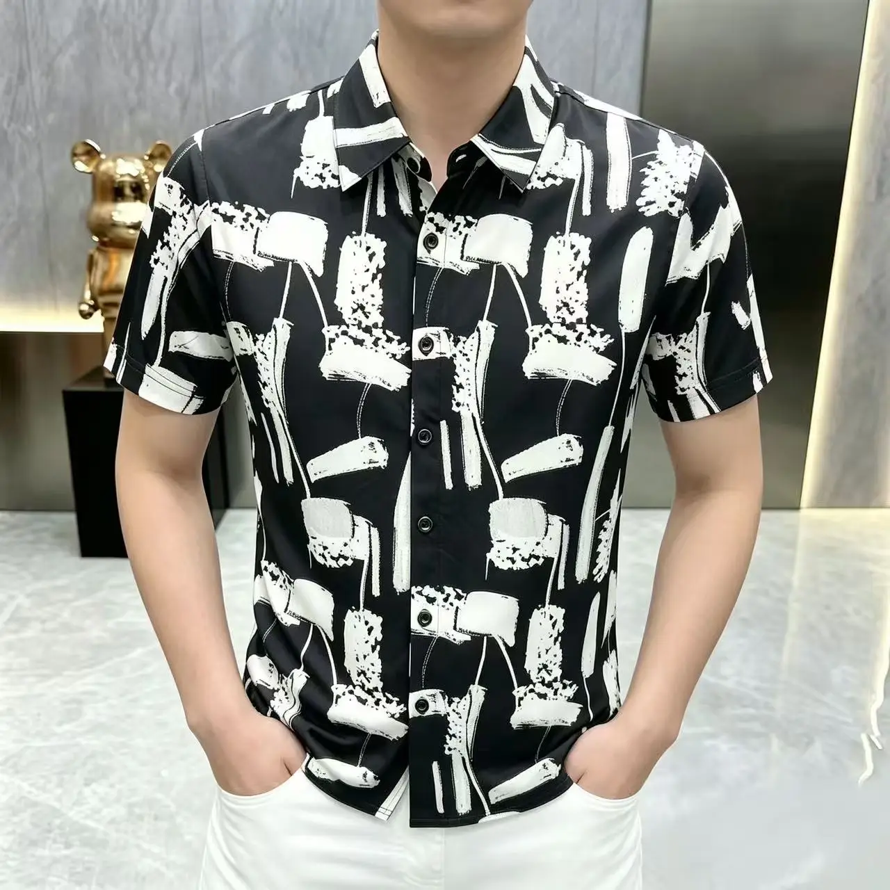 3D Print European Style Shirts For Men Short Sleeve Slim Fit Ice Summer Quality Soft Comfortable Casual Social Camisas De Hombre