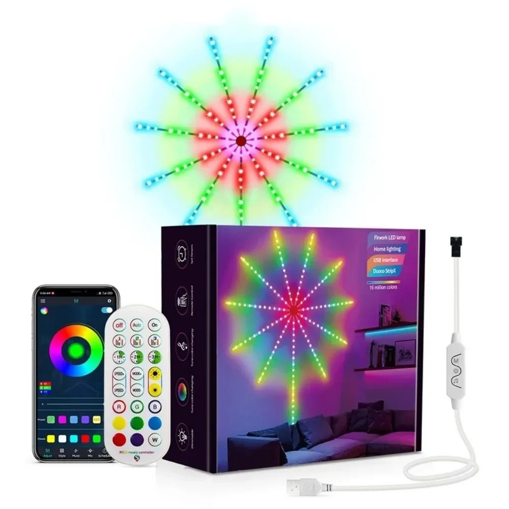 Smart Fireworks LED Strip Light Sync Music with Remote Control Neon for Party New Year Christmas Bedroom Decoration Gift Lights