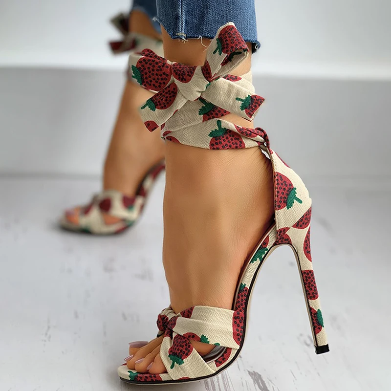 Women High Heels Sexy Ankle Strap Heeled Sandals Fashion Printed Woman Stiletto Shoes Summer Ladies Peep Toe Pumps Sandals 2022