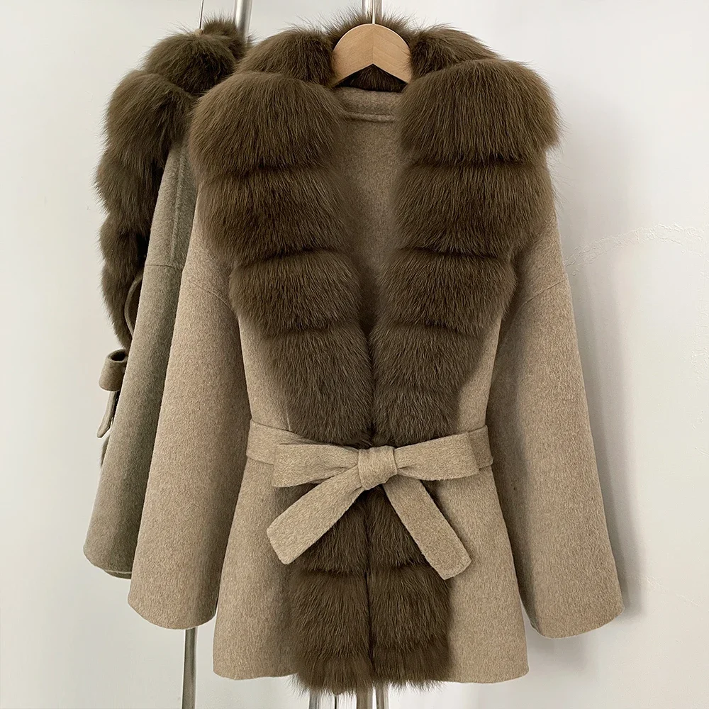 Laine laine manteau automne femme chaud nouvelle mode laine mélange chaud fourrure de renard manteau hiver femmes vêtements pour femmes vraie fourrure veste