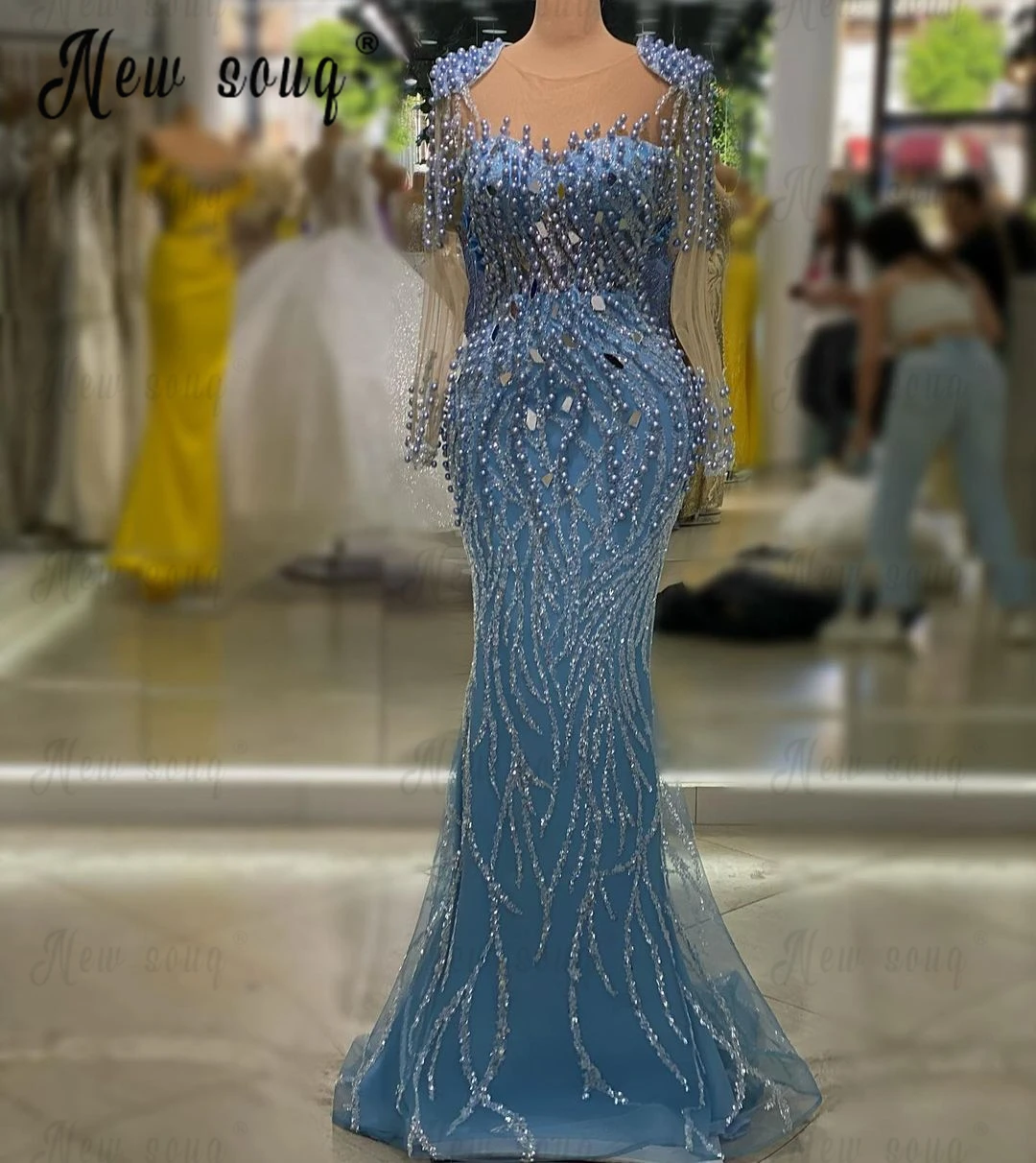 Fashion Blue Beautiful Pearls Evening Dress Beaded Mermaid Wedding Party Dresses Dubai Custom Made Celebrity Dresses Robes De