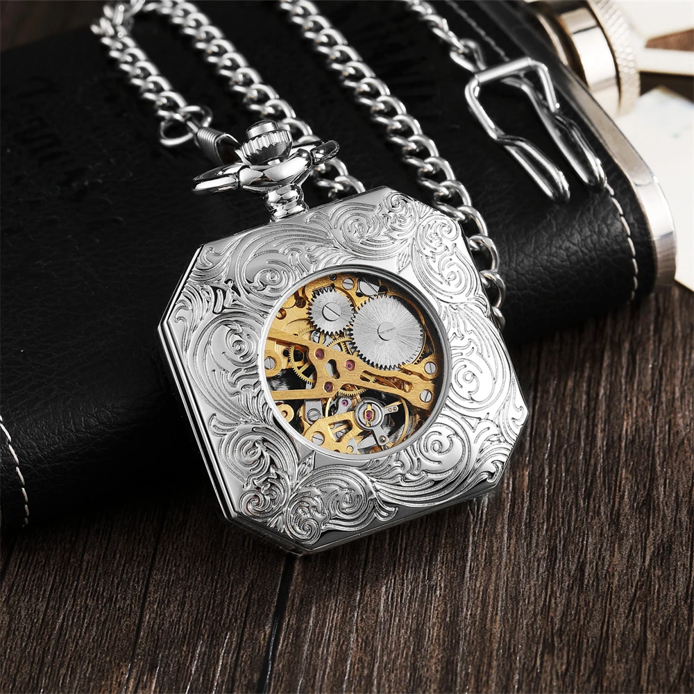 Retro creative carved hollow flip octagonal mechanical pocket watch pendant waist chain semi-automatic mechanical pocket watch