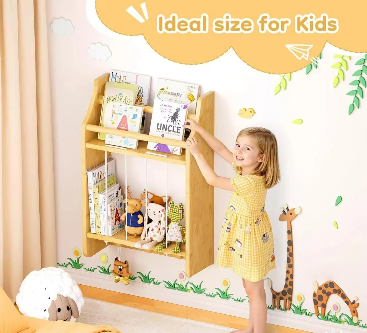 Solid wood plush doll rack Wall-mounted multi-layer toy storage rack Wall decoration Children's picture book display rack