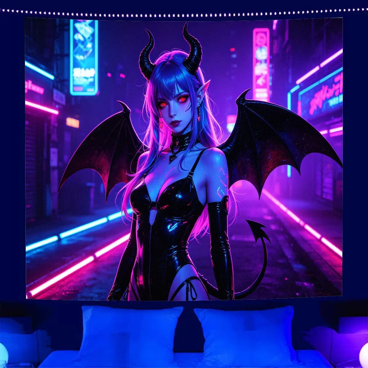 VIKAMA Psychedelic Anime Demon Girl Tapestry City Street Gothic Fantasy Wall Hanging Gaming Bedroom Decor, Home Decor