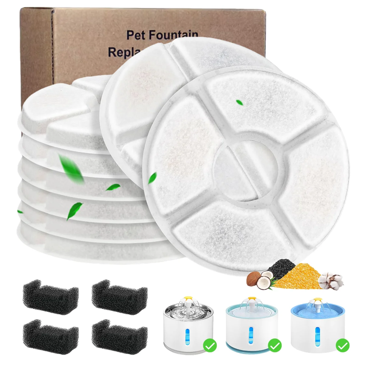Substituição do filtro da fonte de água do gato, conjunto redondo dos filtros de carbono para 2.4l superior automático sistema de filtragem múltipla da fonte do animal de estimação