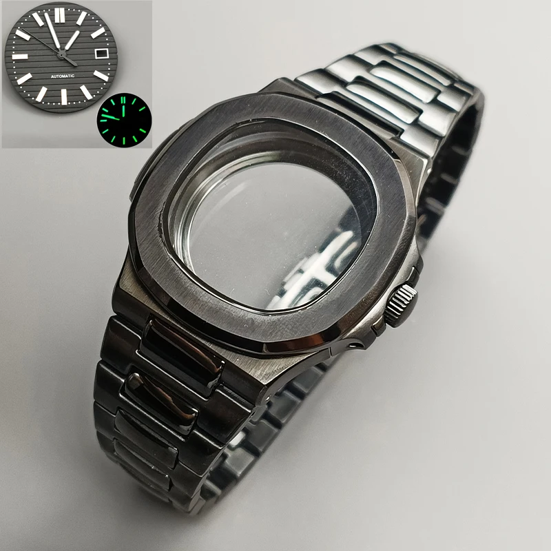 

Black Nautilus Steel Watch Cases Sapphire Glass Fits NH35 NH36 4R Movement Transparent Back Install Dial+Hands+Stainless Strap