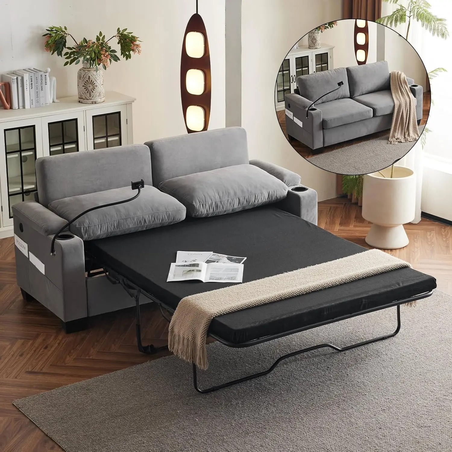 2-In-1 Convertible Queen Sofa Bed, Pull Out Couch Bed Sponge Mattress For Small Apartments, Living Room And Office (Grey)