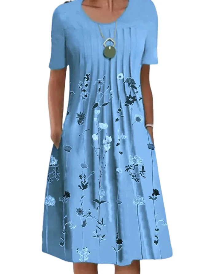 

Summer Vintage Bohemian Floral Print Pocket Midi Dress Women O Neck Short Sleeve Casual Loose Dresses Female Commuting Vestidos