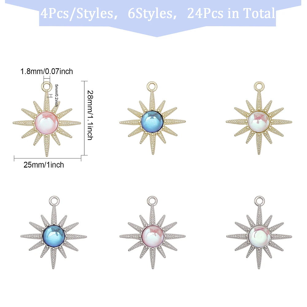 24Pcs 6 Styles Rack Plating Alloy Pendants Sun Charms with Resin Cadmium Free Nickel Free Lead Free Platinum Light Gold