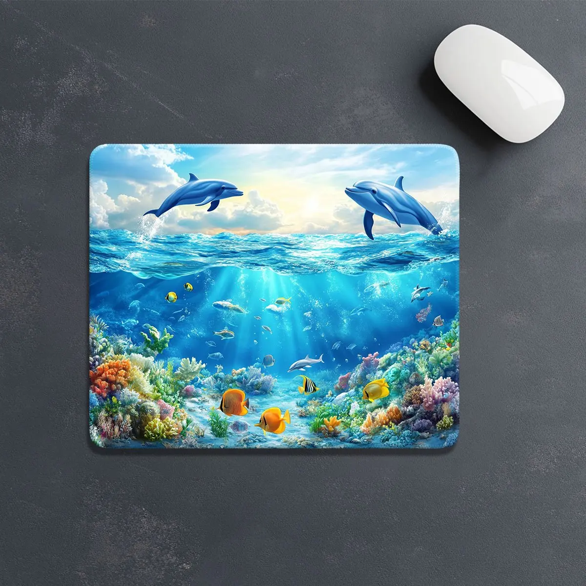 Ocean-Themed Mouse Pad with Dolphin and Colorful Fish Anti-Slip and Washable Rubber Base Is Suitable for Gaming and Office Use