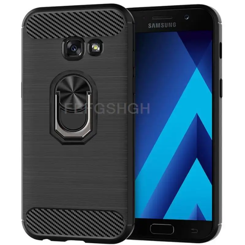 Carbon Fiber Brushed Soft Protective Case For Samsung Galaxy A5 2017 A5200 A520F Ring Stand Holder Shockproof Phone Cover