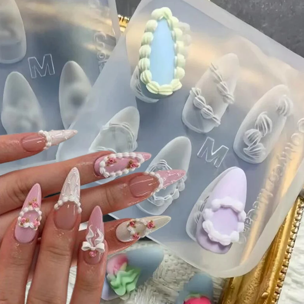 1pc 3D French Cream Nail Art Silicone Mold Embossed Cream Chain Design Carving Templates Manicure Resin Craft Making Tool Mould
