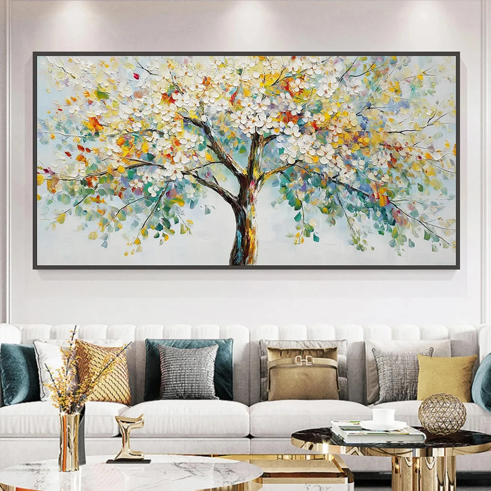 Vibrant Blossoming Tree Painting, Colorful Tree of Life Painting On Canvas, Joyful Nature Landscape Wall Art, Living Room Decor,