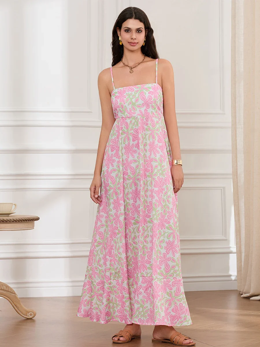 Frauen Slip Kleid Spaghetti Strap Floral Print Flowy Gefaltete Lange Kleid Sommer Böhmischen Casual Lose Sommerkleid