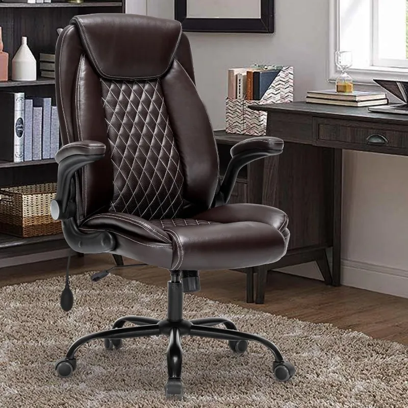 Office Desk High back Computer - adjustable waist support flip arm PU leather chair with spring cushion