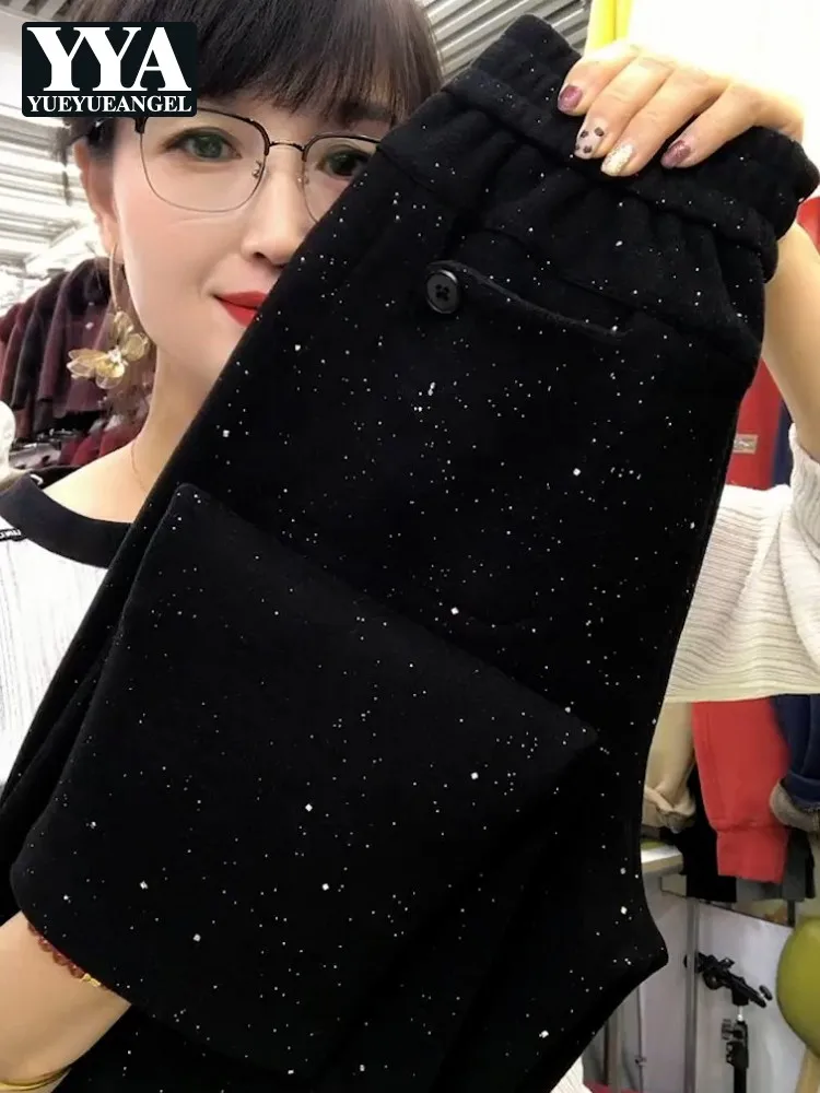 Womens Winter Black Elastic Waisted Pencil Pant Shiny Sequins Casual Ankle Length Pants Hot Sale High Waist Warm Trousers 4XL