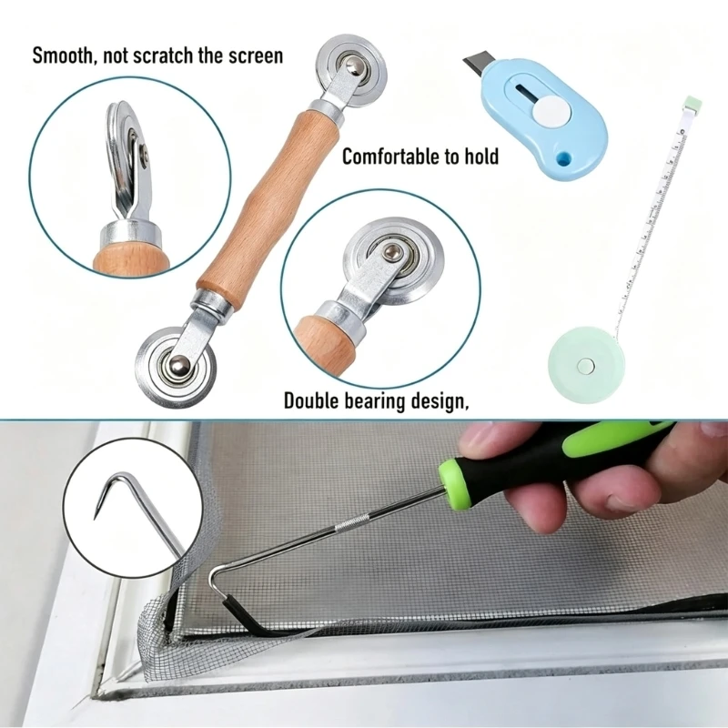 Window and Door Screen Repair with Hand Rollers, Retainer Cord and Screen Cloth for Regular Household Care M4YD