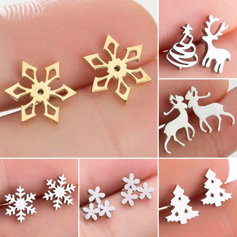 SMJEL Tiny Christmas Earrings Snowflakes Deer Tree Stainless Steel Stud Small Earrings for Women Cute Fashion Jewelry Party Gift