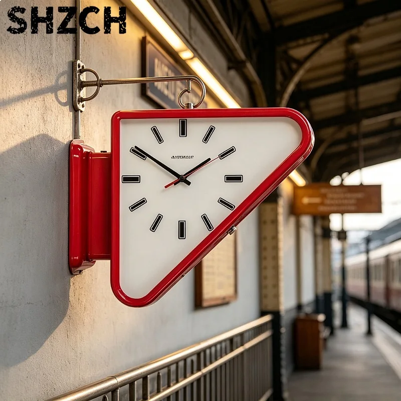 Luxury Creative Triangle Wall Clock Metal Silent Double-Sided Hanging Home Decor