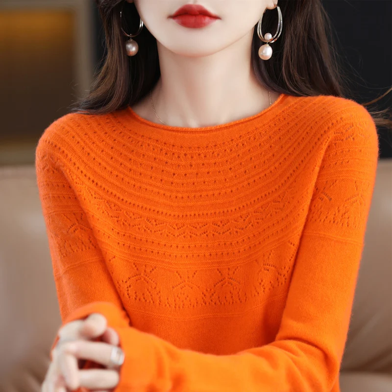 New autumn and winter 100% wool first-line ready-to-wear hollow women's pullover O-neck cashmere sweater knitted solid color