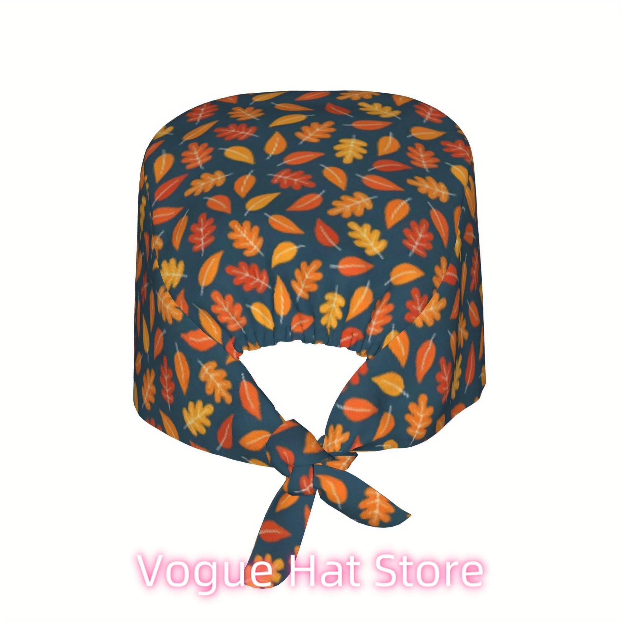 Lightweight Adjustable Work Cap in Indigo Blue with Autumn Leaves Design, Featuring Lace-Up Details, Dust-Proof, Ideal for Nurse