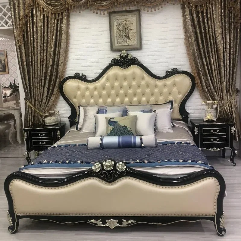 TTEuropean-Style Solid Wood Bed Bedroom Luxury First Layer Cowhide 1.8 M Princess Bed Solid Wood Carved New Classical
