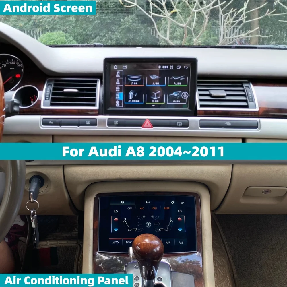 2-Piece Set For Audi A8 2004-2011 Android Car Radio GPS Navigation AC Panel Wireless Screen Mirroring Touch Screen Head Unit