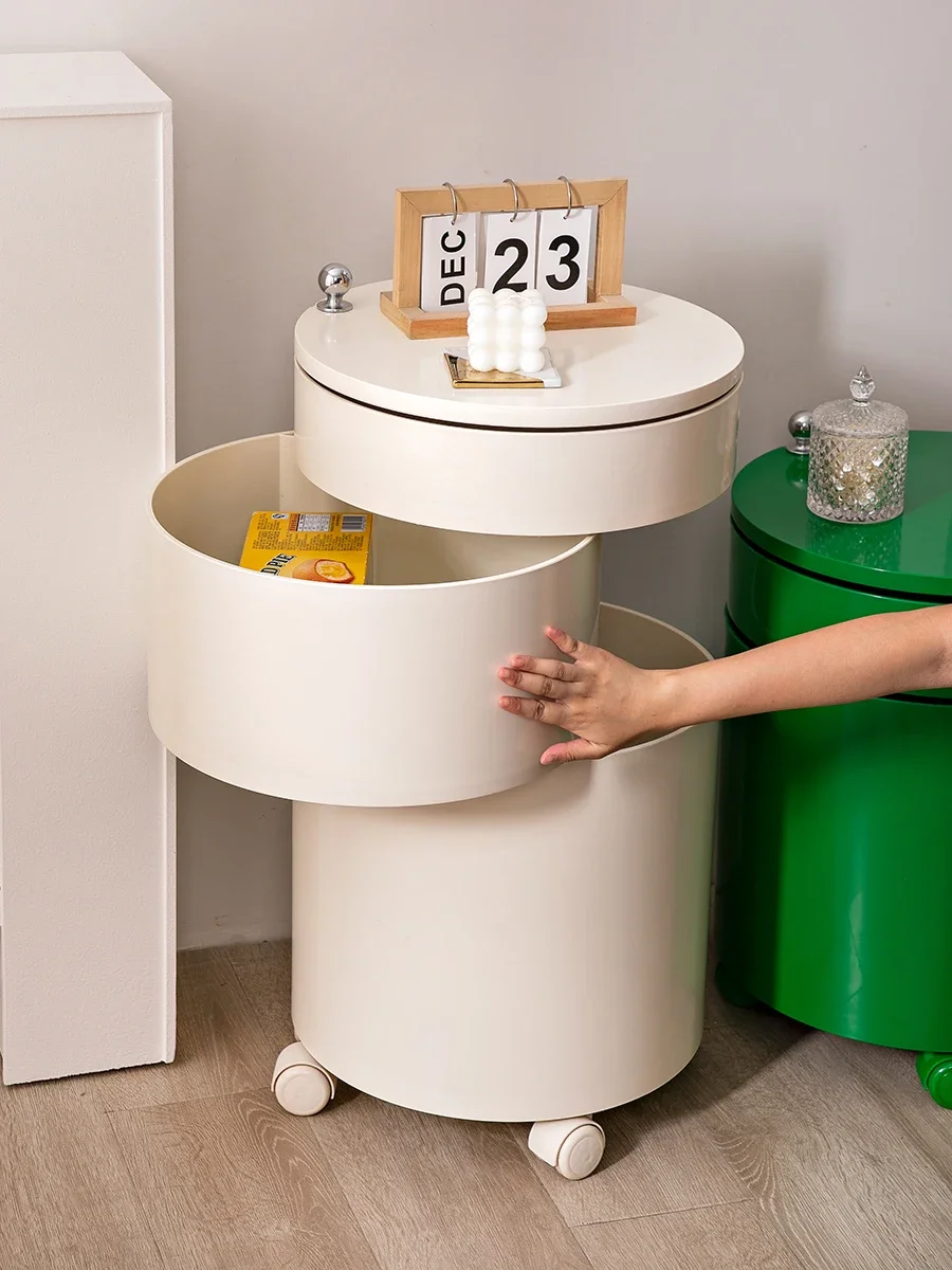 Bedside table, living room cream mobile wheeled cart, side cabinet, circular rotating bedroom storage cabinet