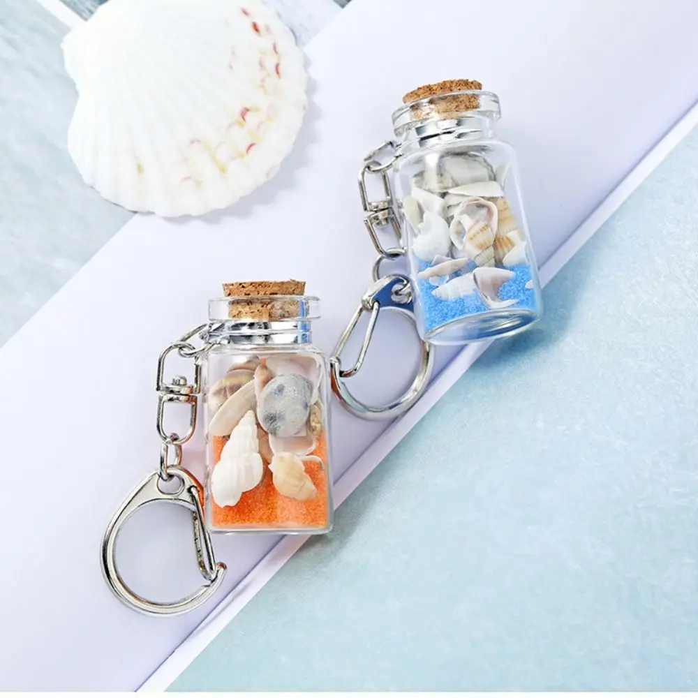 Sea Sand Drifting Bottle Keyring with Cork Shell Drifting Bottle Keychain Conch Wishing Bottle Beach Style Keychain Girls Gifts