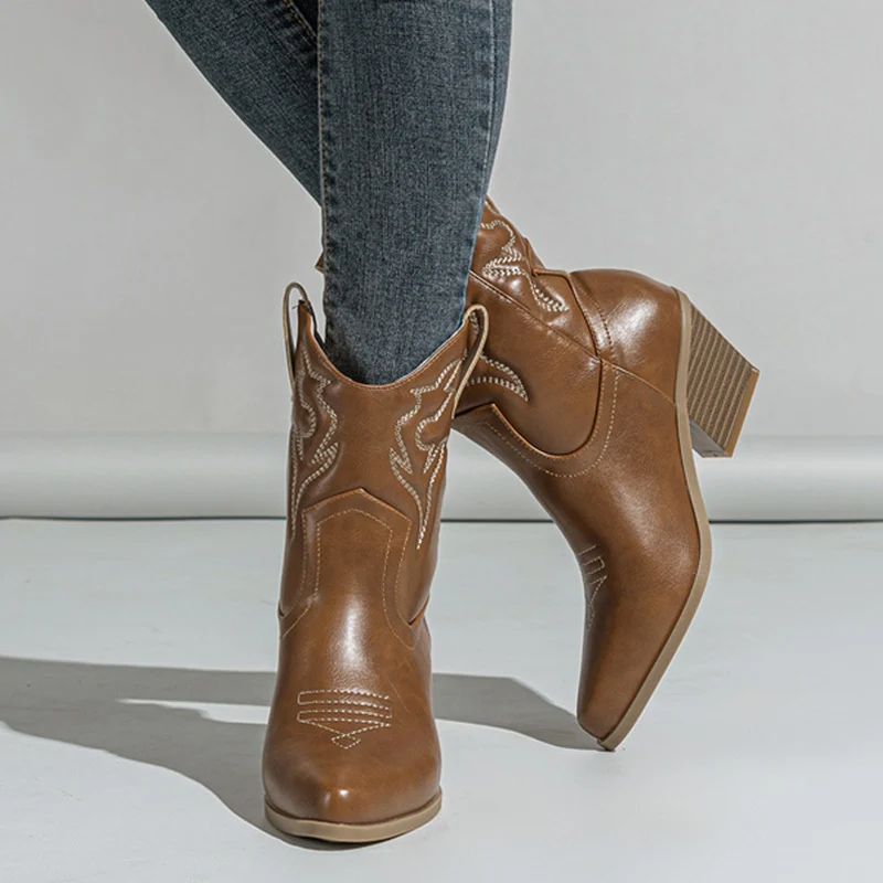 Liyke Western Style Cowboy Ankle Boots For Women Embroidery Leather Pointed Toe Autumn Winter Low Thick Heels Shoes Black Brown