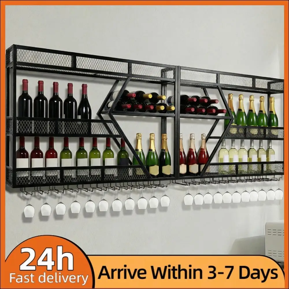 

3/4 Tier Wall Mounted Wine Shelf Metal Hanging Wine Bottles Display Shelf with Glass Holder for Kitchen Dining Room Home Decor