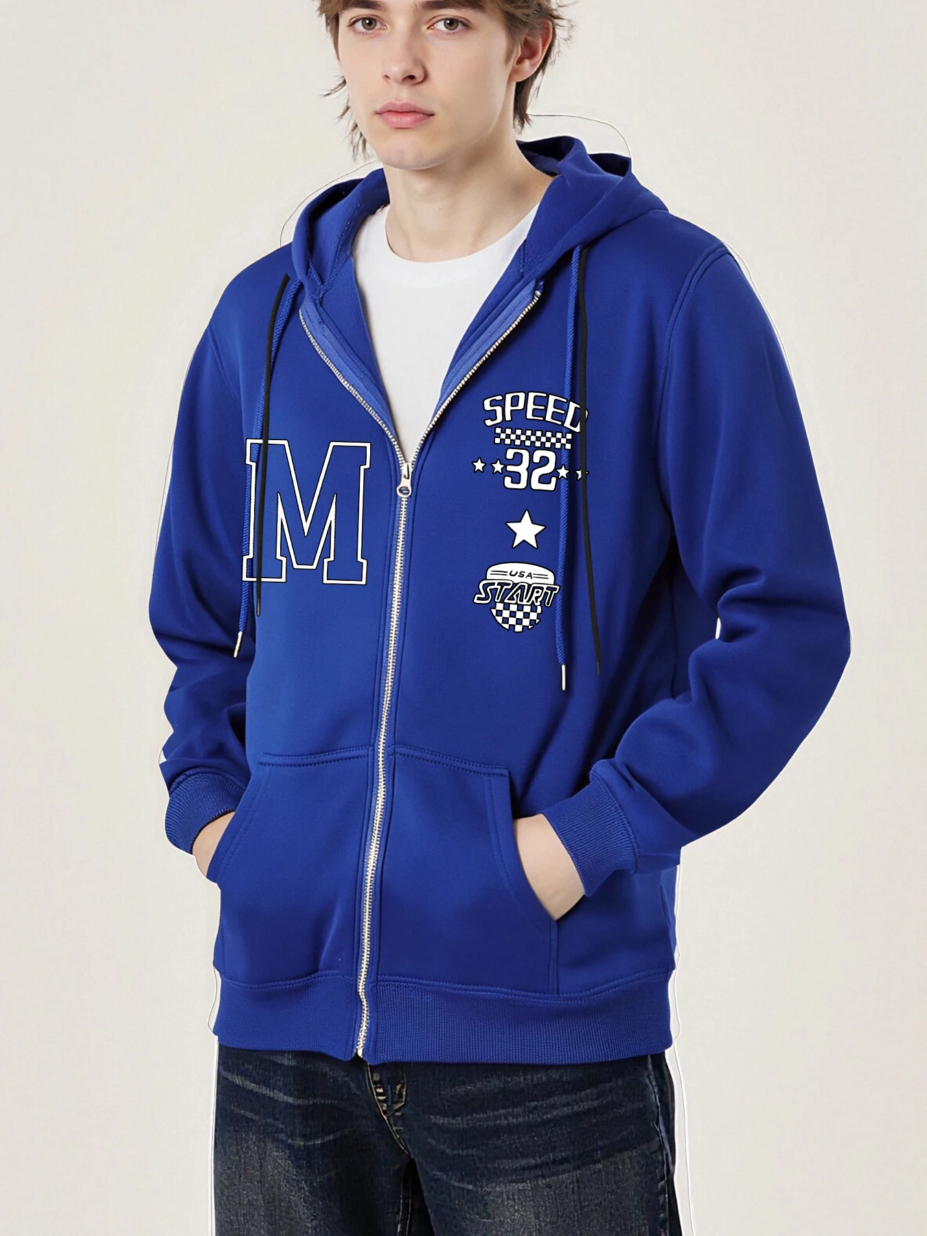 

Letter M Speed 32 Print Zipper Jackets For Man Fashion Fleece Pullovers Casual Loose All-Match Clothing Unisex Retro New Hoodie