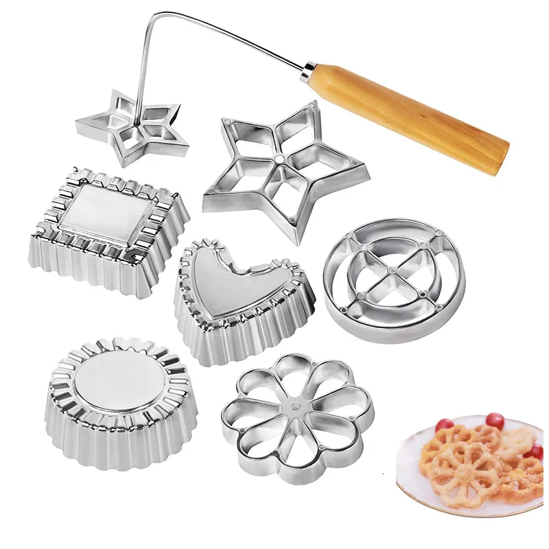 Juego de moldes de hierro fundido para roseta, molde de Bunuelos con mango, moldes de Timbale, herramientas de pastelería, molde de Achappam, fabricante de galletas y roseta, 5/7 Uds.