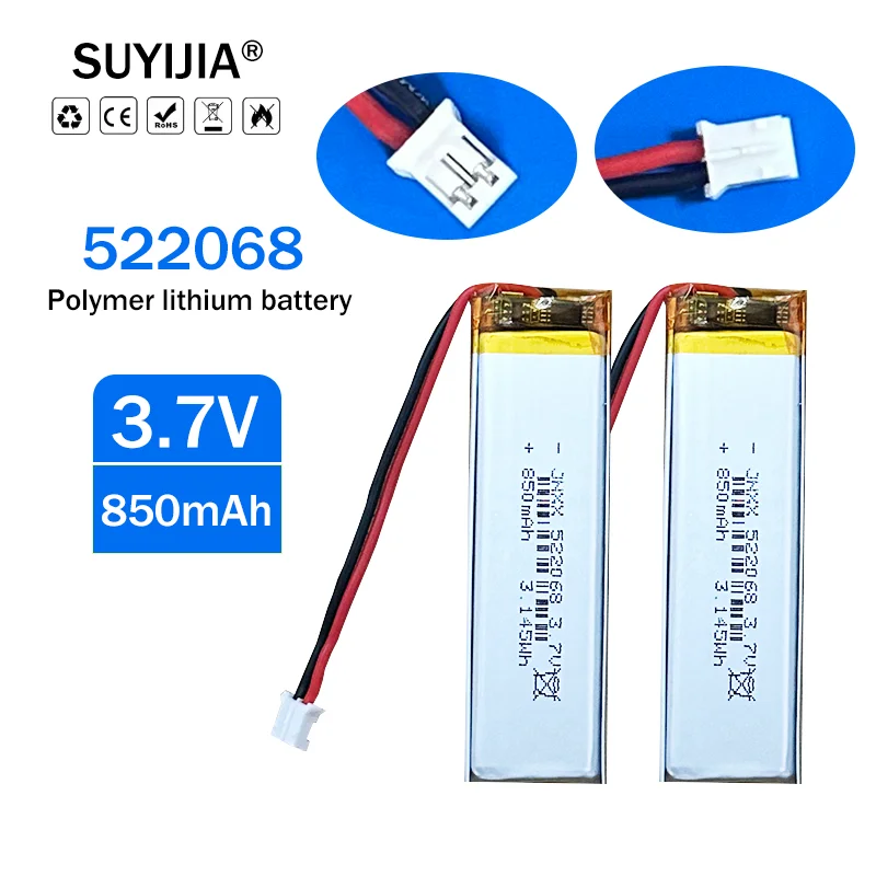 

2-10PCS 522068 3.7V 850mAh Polymer Lithium Ion Battery for Bluetooth Headset Tws Portable Fan Recorder MP3 Walkman Beauty Device