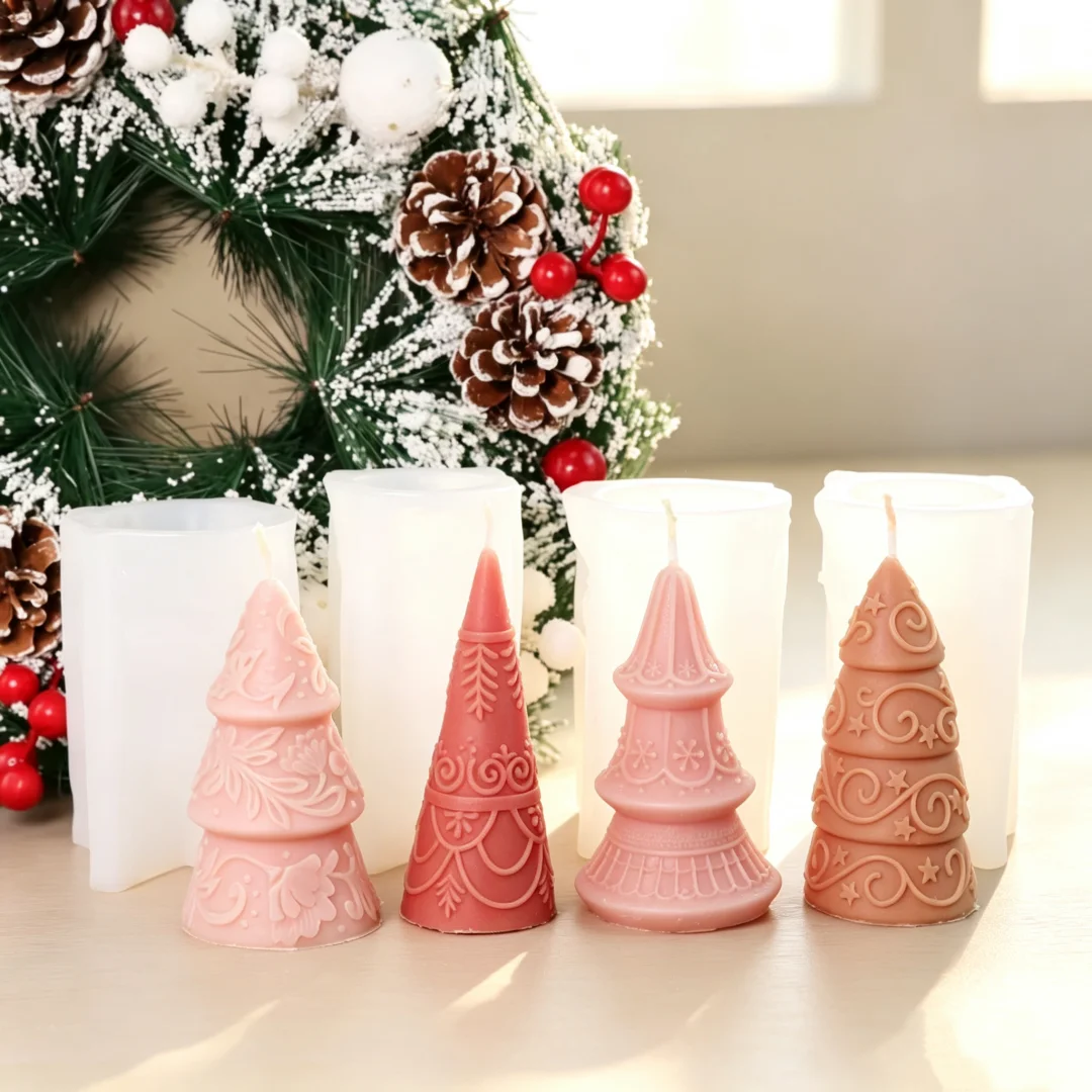 3D Flower Xmas Tree Silicone Candle Mould DIY Christmas Tree Relief Star Tower Silicone Resin Mold Making Candle Table Ornament