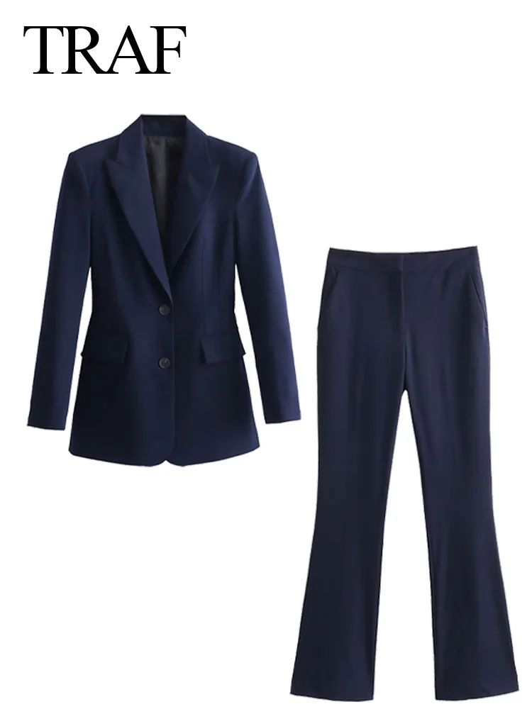 TRAF 2023 Jesienny damski 2-częściowy zestaw Office Lady Lapel Long Sleeve Blazers + High Waist Hidden Buckle Zipper Trousers Femininos