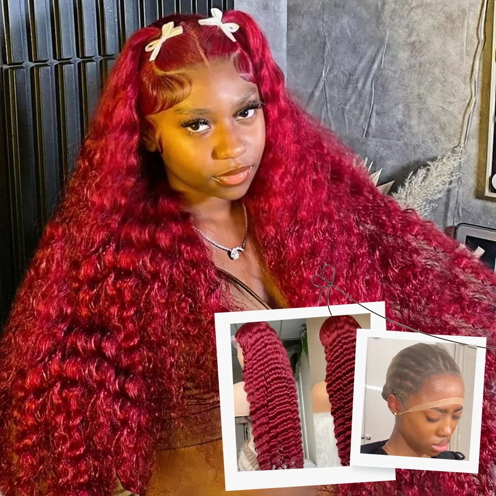 99J أحمر اللون مجعد 13x4 13x6 HD الدانتيل 613 4/27 شعر مستعار الدانتيل الجبهة الإنسان 180 كثافة خصلات الشعر المستعار قبل قطعها للنساء