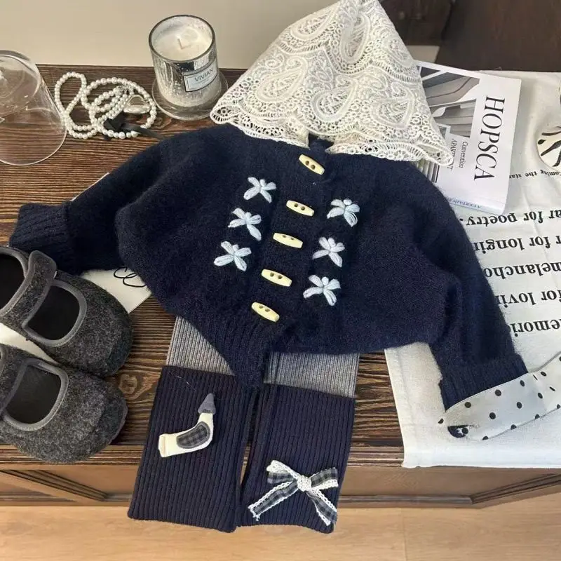 

Winter Elegance Fashion Girls Sweet Casual Kids Princess Cute Hooded Cardigan Lace Sweater+Flared Pants Children Casual 2Pcs Sui
