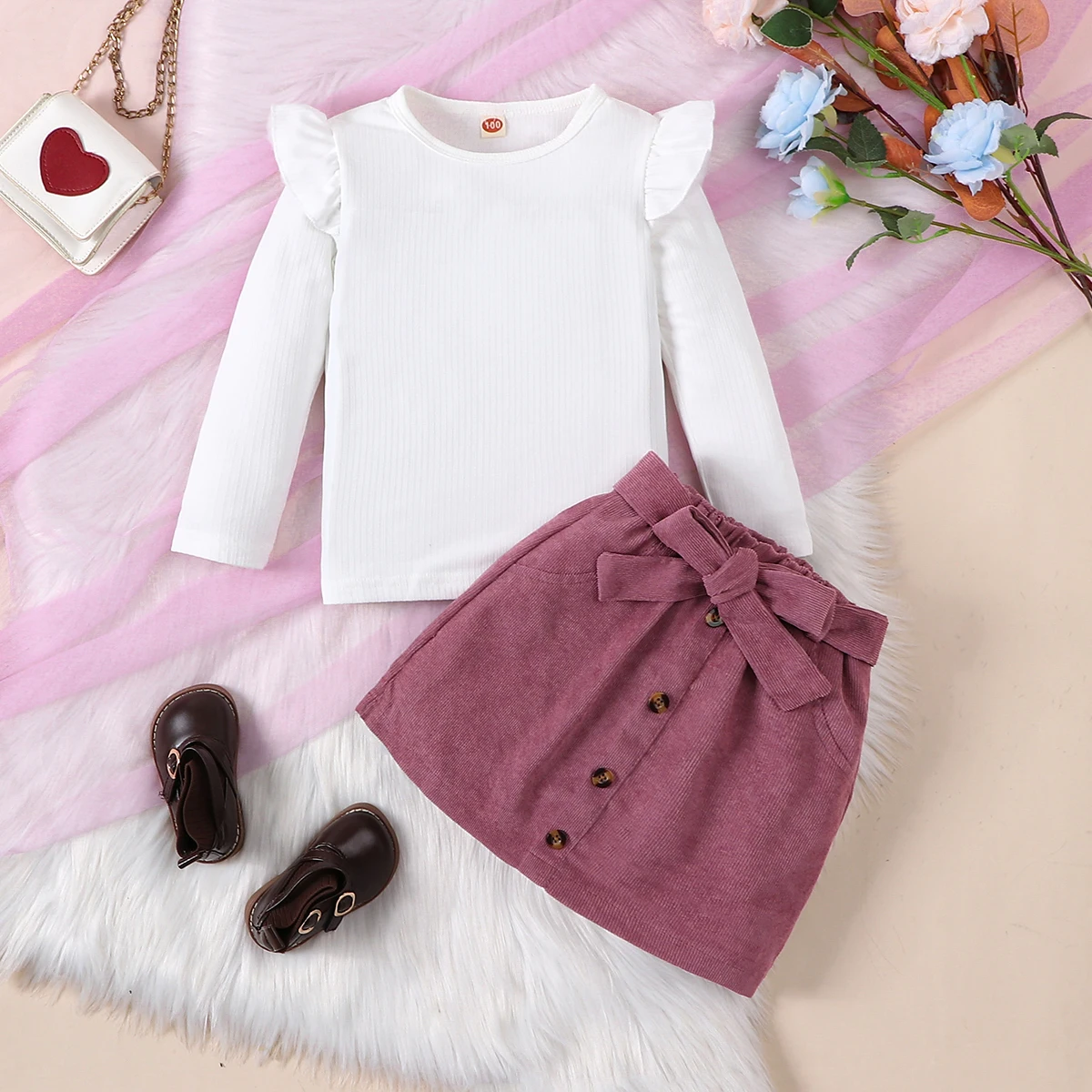 Two piece spring and autumn girl\'s white striped round neck long sleeved top+reddish brown fashionable casual skirt set