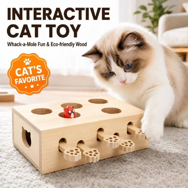 Wooden Interactive Cat Toy Puzzle Board Mouse Hunting Game Whack A Mole Teaser Stick Training IQ Toy for Indoor Cats