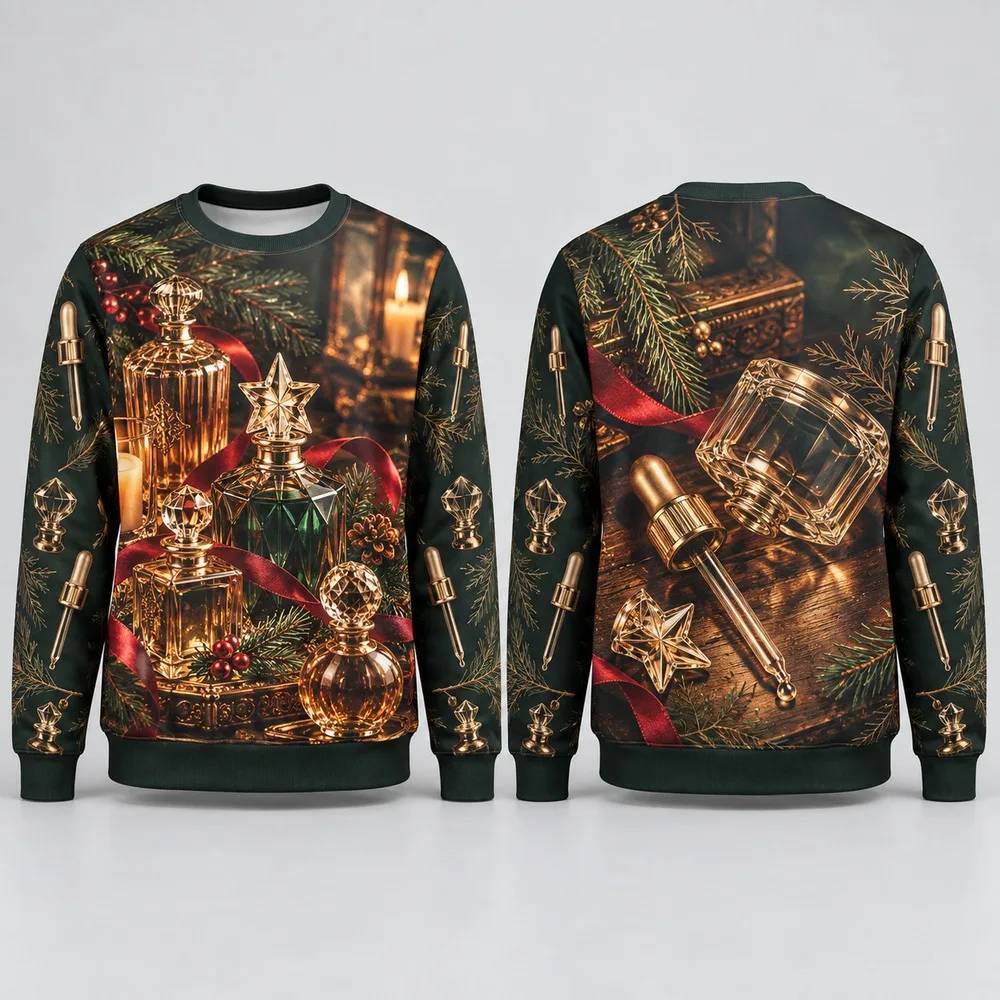 New Winter Perfume Artwork on an Ugly Christmas Sweater Graceful Xmas Sweaters with Glass Bottles Ribbons and Scented Blooms