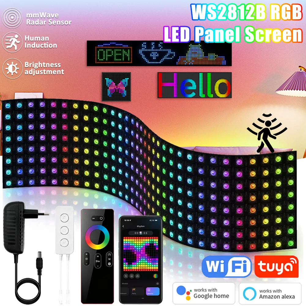 Tuya WiFi DC5V WS2812B RGB Flexible 8X8 16x16 8x32 Pixel Led Panel Strip Matrix Screen Module Music Sync PIR Motion Google Alexa