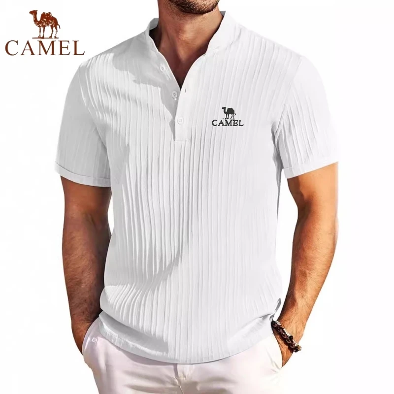 High End Embroidered CAMEL Cotton and Linen Striped Henry Polo Shirt, New Summer Men\'s Retro Fashion Casual Short Sleeved Top