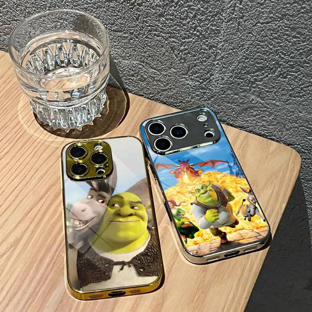

Movie Anime S-Shrek Phone Case For iPhone 17 16 15 14 13 12 Pro Max Plus Electroplated Metal Bumper Shockproof Case