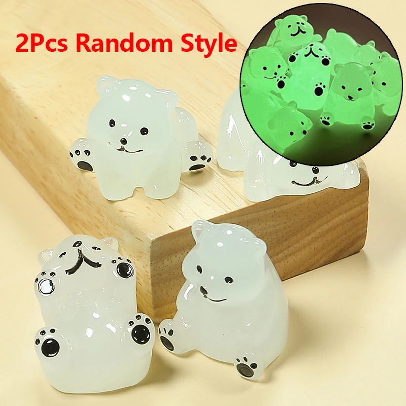 2Pcs Mini Resin Luminous Polar Bear Ornament Miniature Toy Mini Cartoon Animal Doll Micro Landscape Decoration Dollhouse