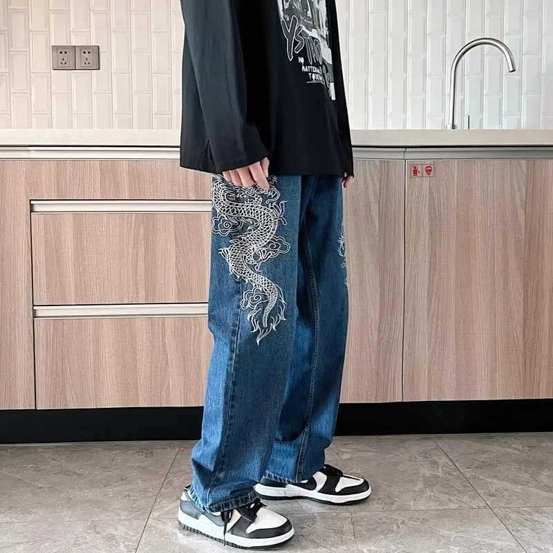 2022 New Fashion Dragon Embroidery Baggy Men Straight Jeans Pants Y2K Clothes Hip Hop Loose Wide Leg Denim Trousers Ropa Hombre