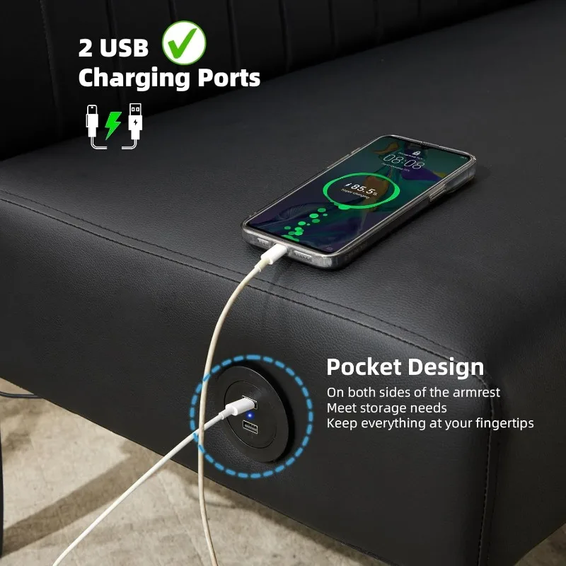STHOUYN 43 "W Mini sofá pequeno de couro preto sem braços sofá para quarto com porta USB, sofás pequenos