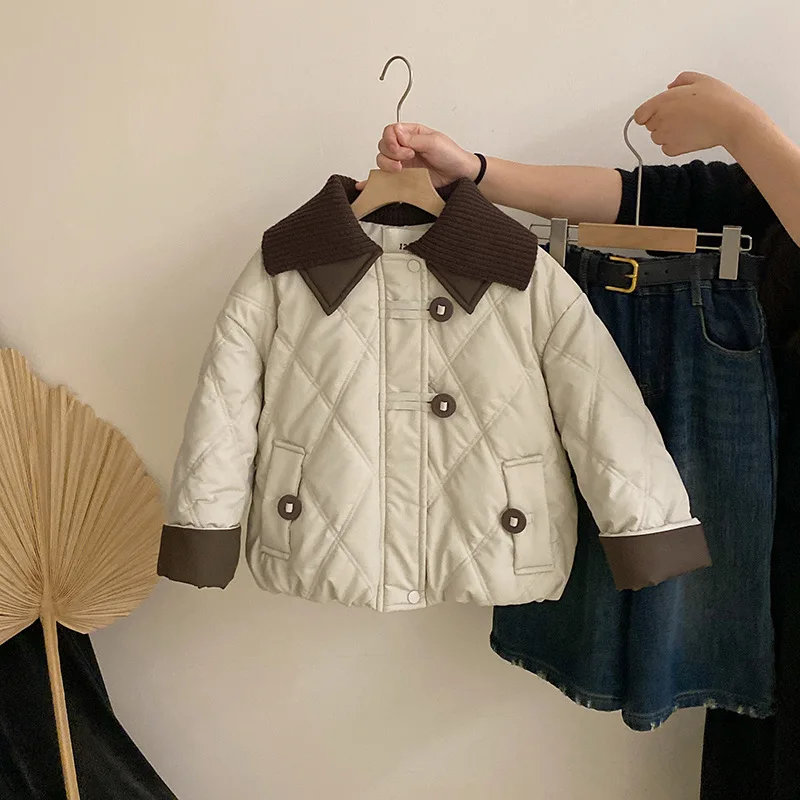 

Winter Kids Girls Parkas Korean Turn Down Collar Children Girl Outerwear Contrast Fleece Thick Warm Junior Girl Jacket Baby Coat